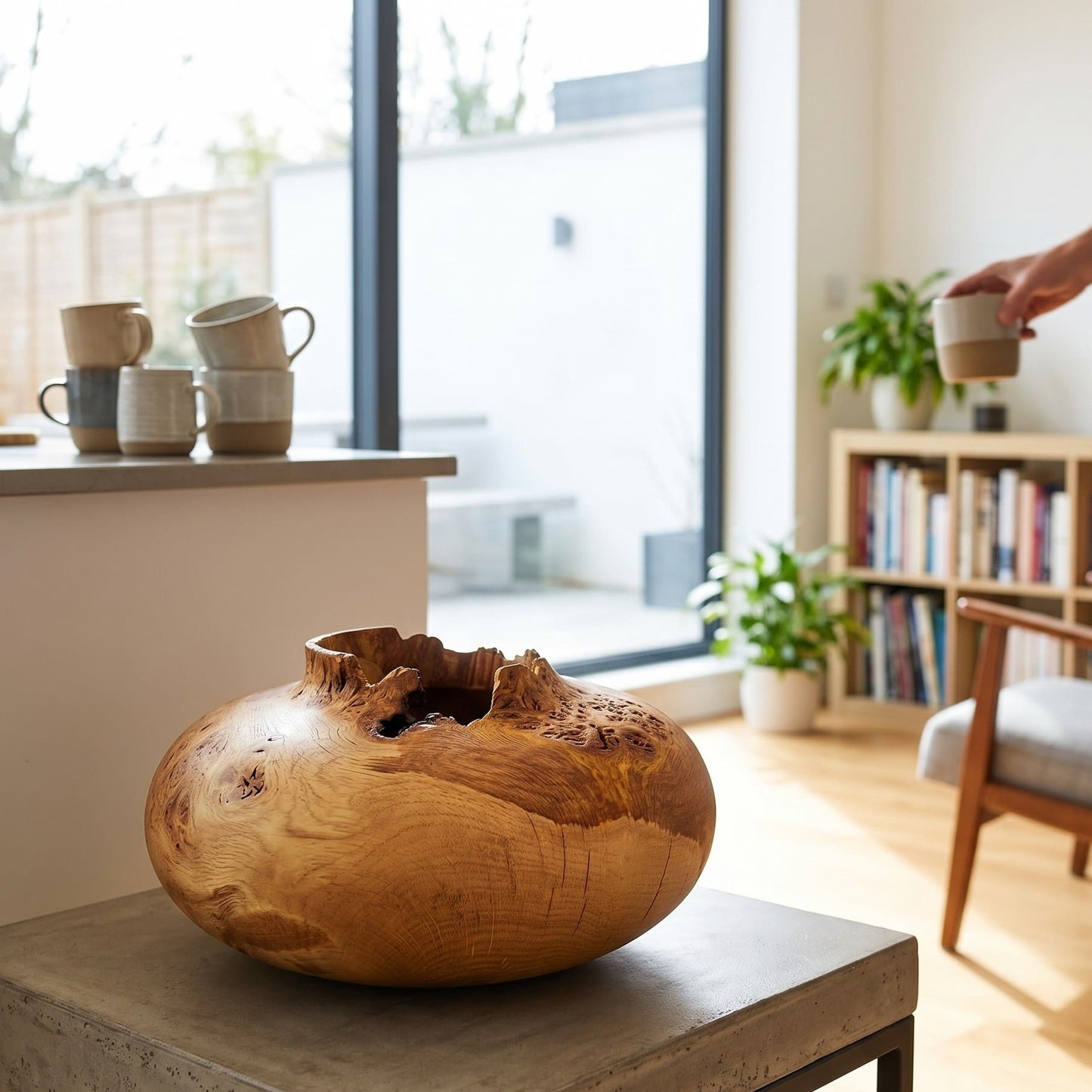 Large English oak burr hollow form displayed as a luxury wooden centrepiece in a home setting.