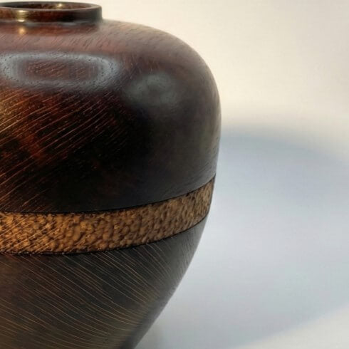 Close up detail of natural grain and textured band on English Oak Hollow Form