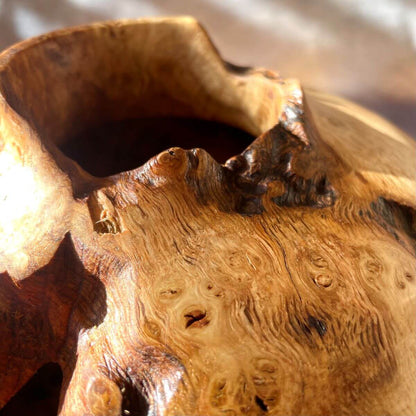 Close up of wood turned objects and decorative sculptures showing oak grain