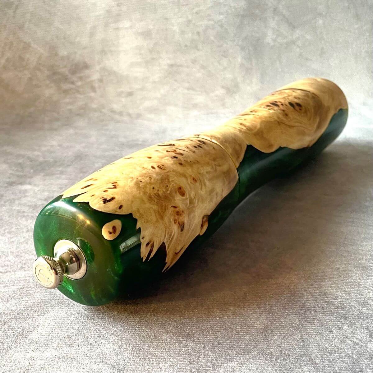Handmade Mappa Burr and forest green resin pepper mill 300mm top view showing adjustment knob