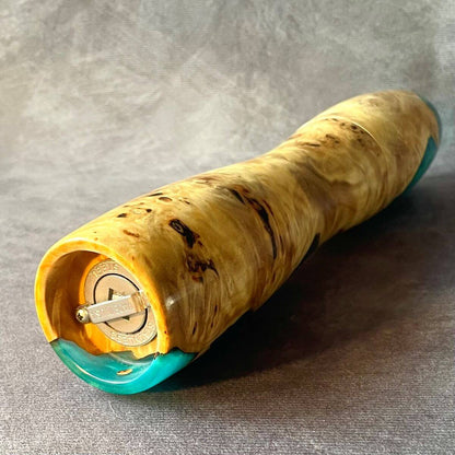 Side profile view of 300mm Mappa Burr and turquoise resin pepper mill showing the classic turning curve.