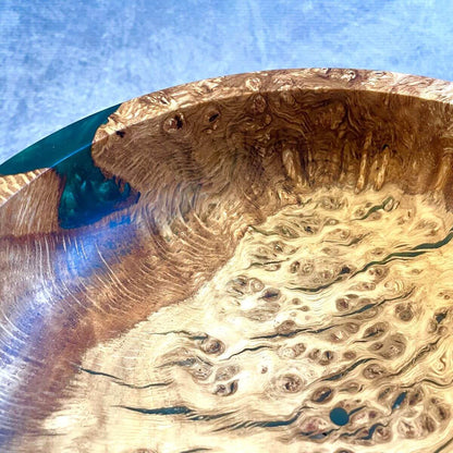 Close up detail of natural grain and green resin on English Oak Burr Bowl