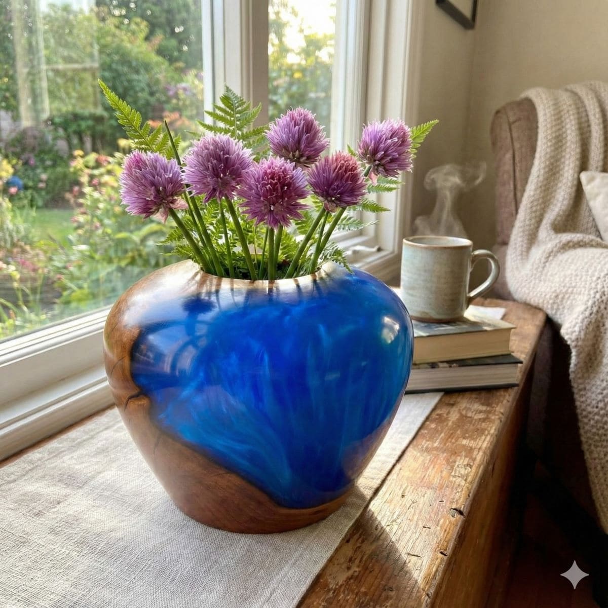 Modern blue and wood sculpture displayed as statement home decor centrepiece