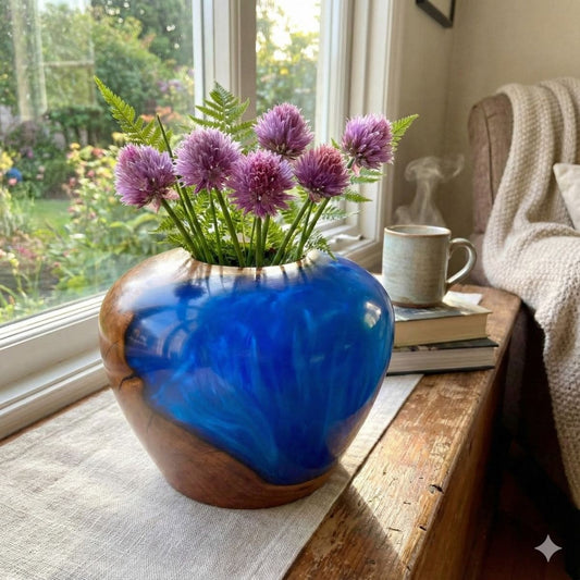 Modern blue and wood sculpture displayed as statement home decor centrepiece