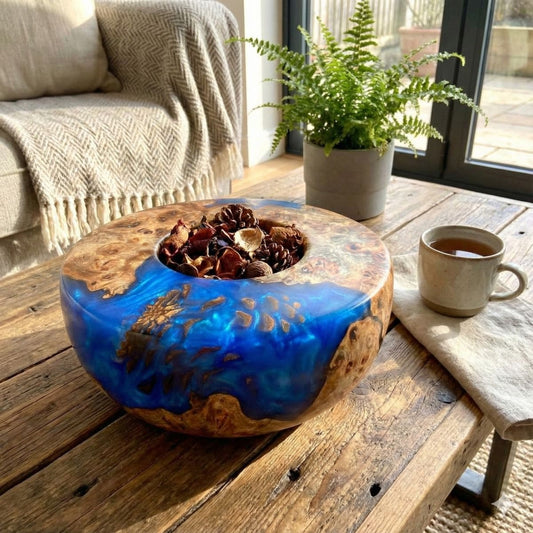 Modern blue and wood art sculpture displayed as coffee table centrepiece