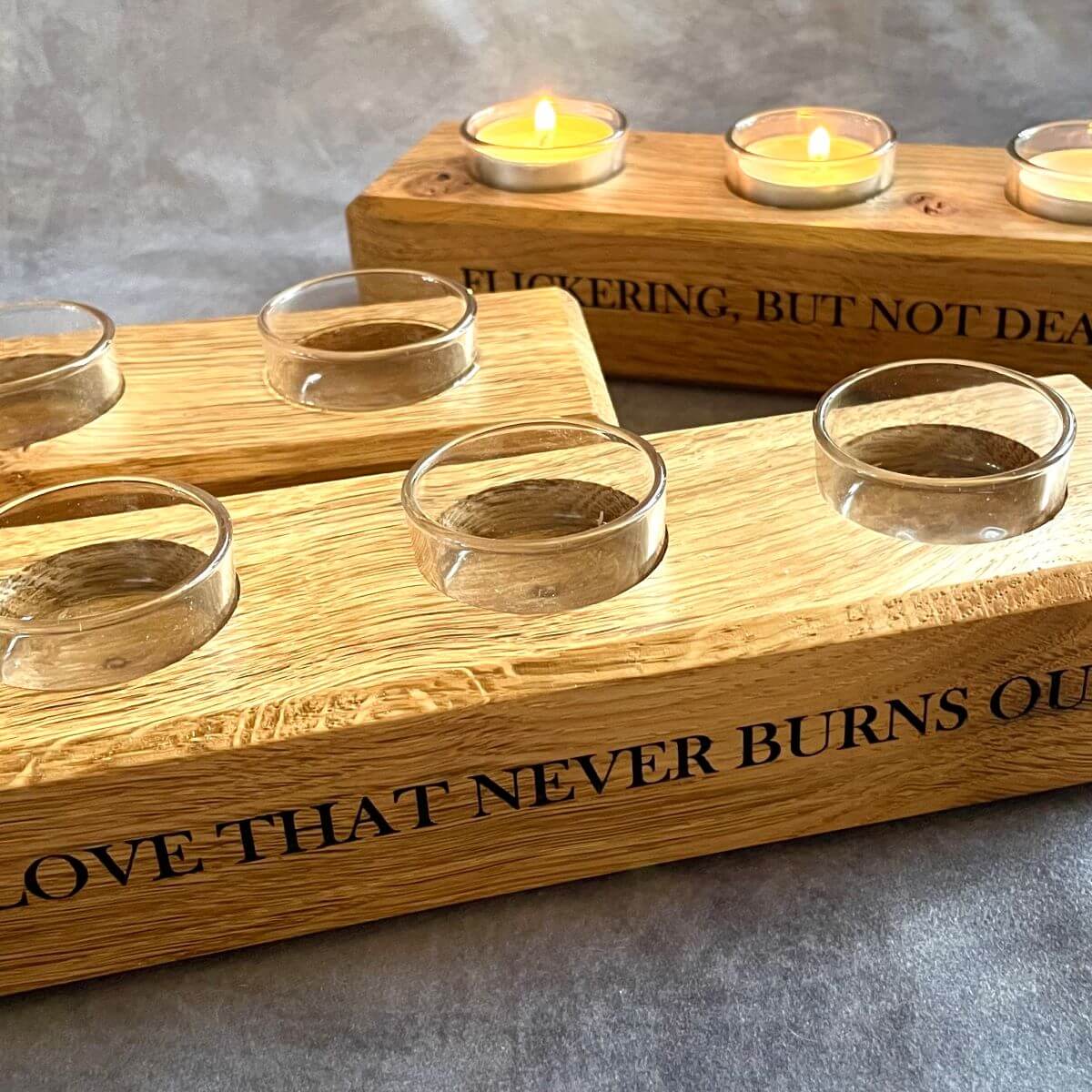 English oak candle holder rear view showing personalised message engraving