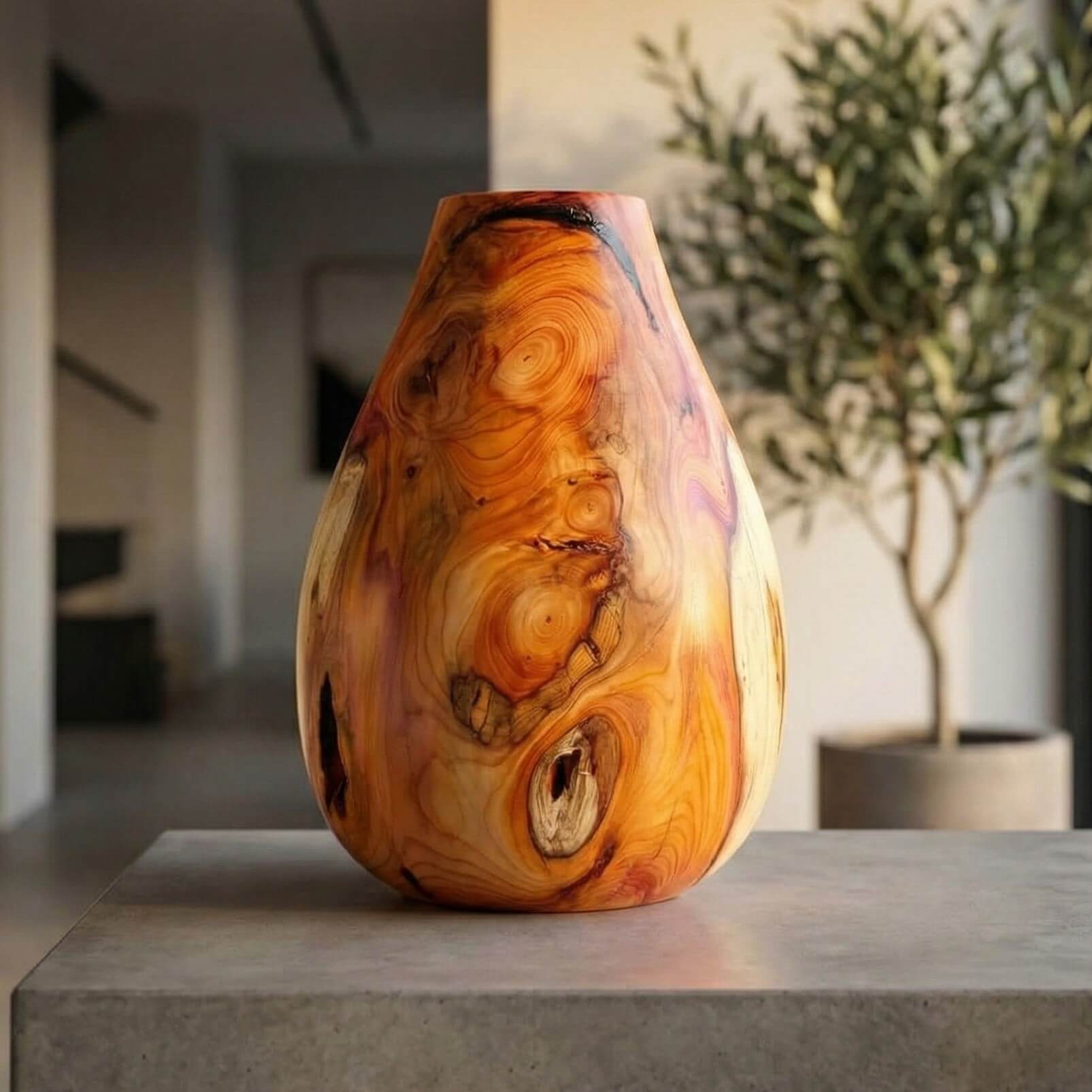 An English yew wood art piece sitting on a modern shelf. Perfect for buyers looking for wood turnings for sale to style their home.
