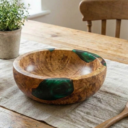 English Oak Burr and Green Resin Bowl displayed on rustic table