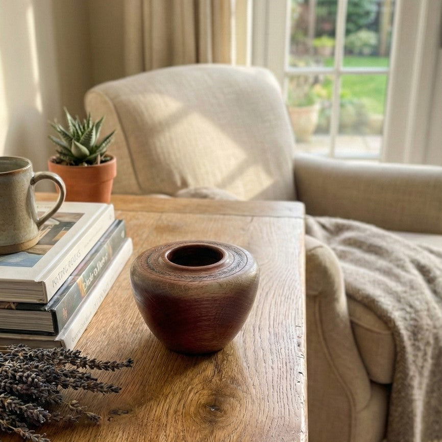 English Oak Hollow Form displayed on cabinet with modern rustic decor