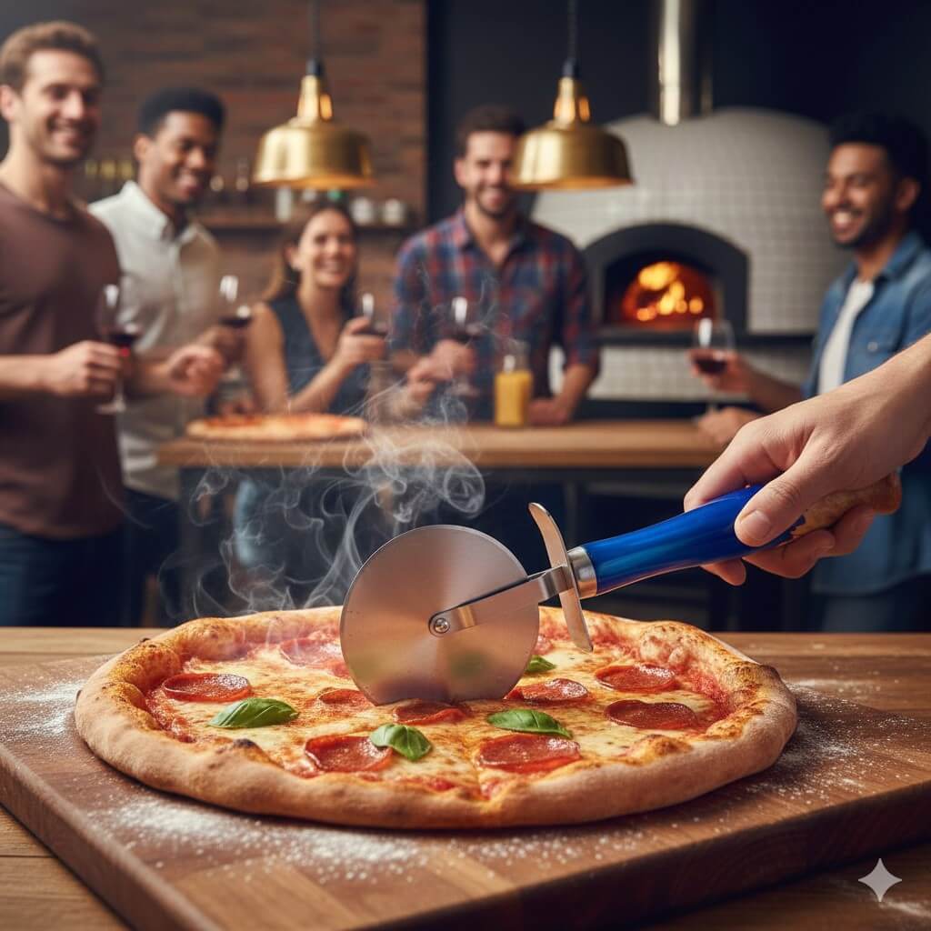 handmade blue resin and burr wood pizza cutter shown cutting pizza on board in restaurant with people watching