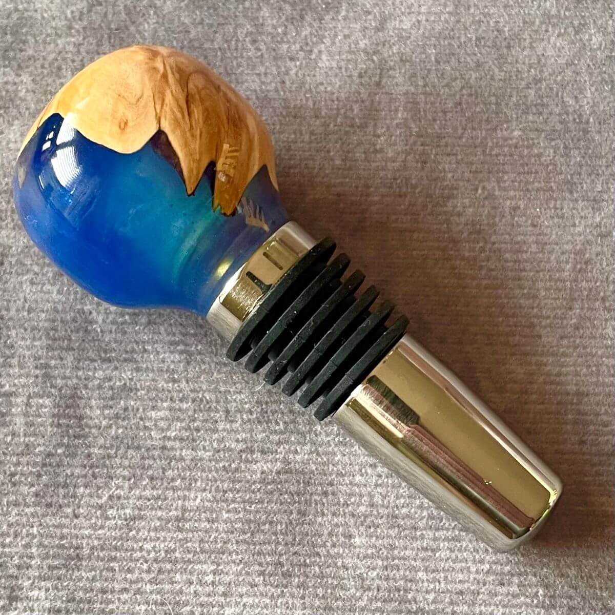 handmade blue resin and burr wine stopper