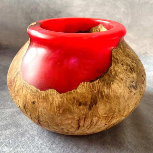 Handmade English Burr Oak and Scarlet Red resin hollow form side profile UK