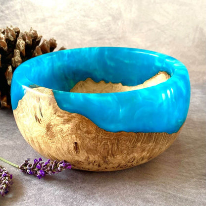 Handmade English Burr Oak and Turquoise resin bowl 150mm front view UK