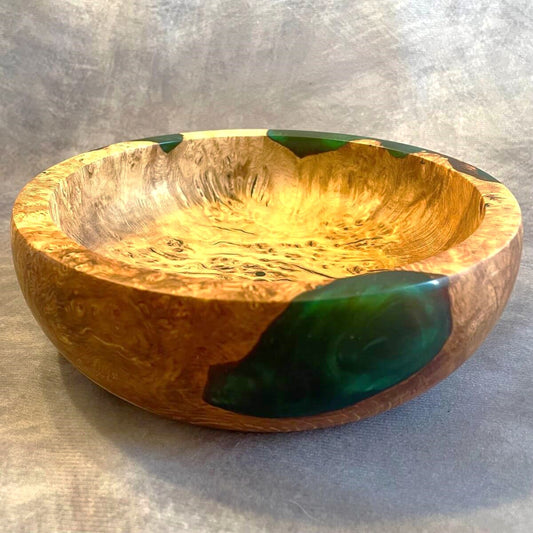 Handmade English Oak Burr and Green Resin Bowl 190mm front view handmade wooden gifts UK
