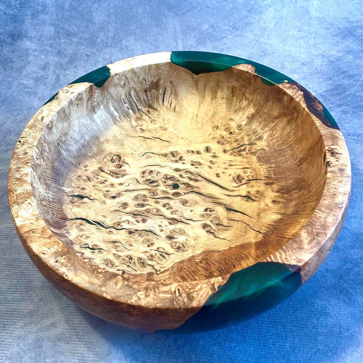 Handmade English Oak Burr and Green Resin Bowl 190mm top view handmade wooden gifts UK