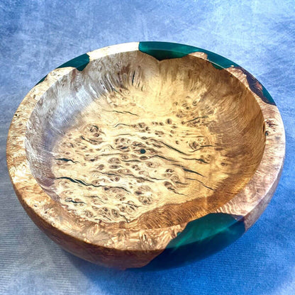 Handmade English Oak Burr and Green Resin Bowl 190mm top view handmade wooden gifts UK