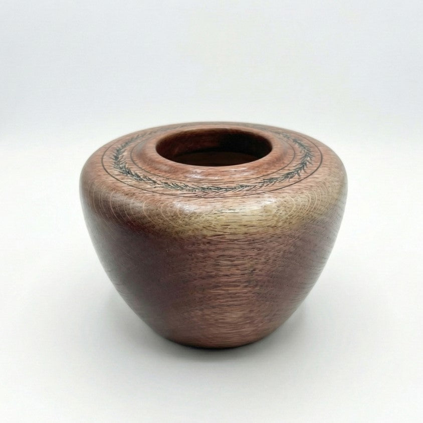 Handmade English Oak Hollow Form 130mm front view with leaf engraving made in Yorkshire