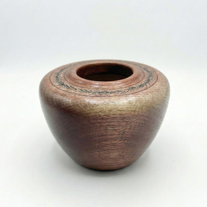 Handmade English Oak Hollow Form 130mm front view with leaf engraving made in Yorkshire