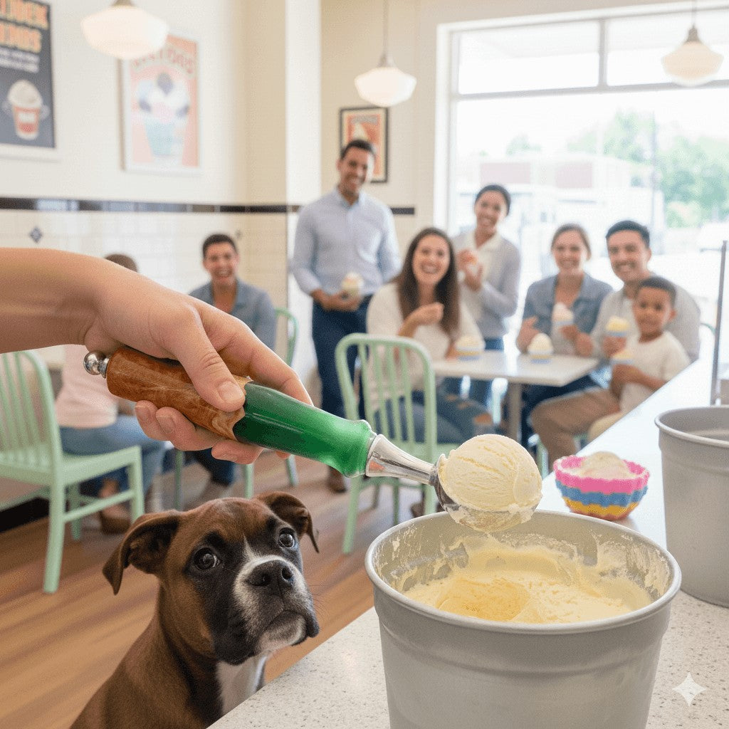 handmade green resin ice cream scoop serving ice cream in cafe with boxer dog watching