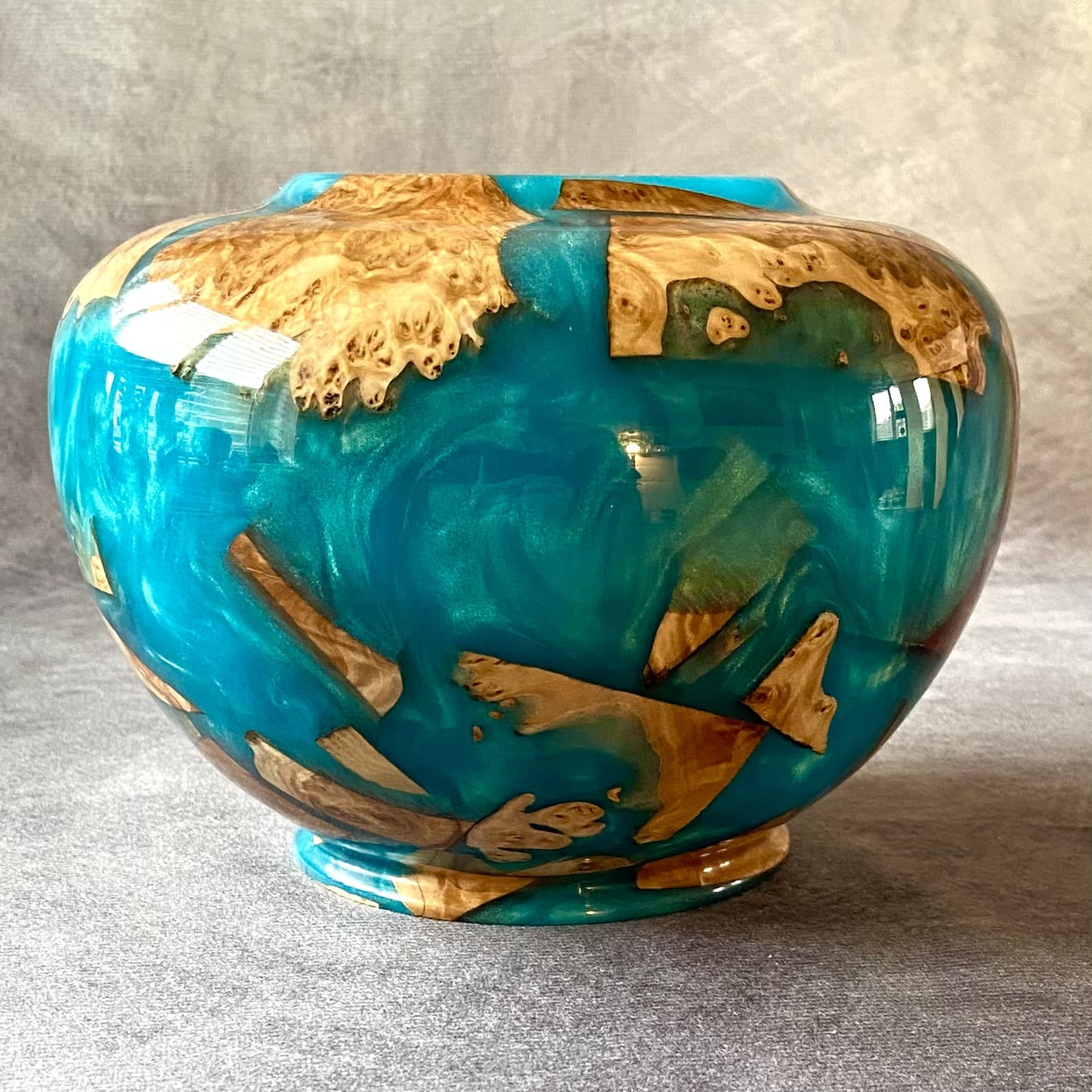 Handmade Mallee Burr and Turquoise resin hollow form side profile UK