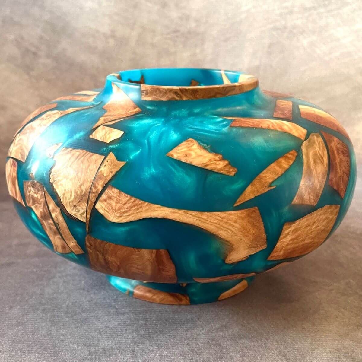Handmade Mallee Burr and Turquoise Resin hollow form 160mm front view made in Yorkshire .