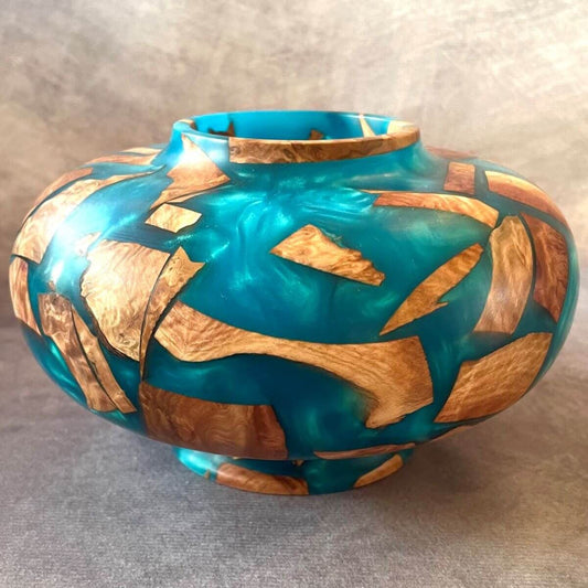 Handmade Mallee Burr and Turquoise Resin hollow form 160mm front view made in Yorkshire .