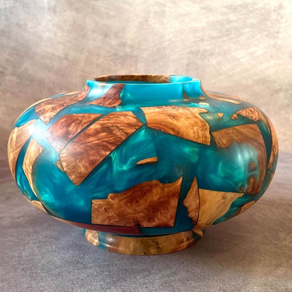 Handmade Mallee Burr and Turquoise Resin hollow form 160mm front view rotated made in Yorkshire .