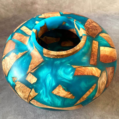 Handmade Mallee Burr and Turquoise Resin hollow form 160mm top view made in Yorkshire .