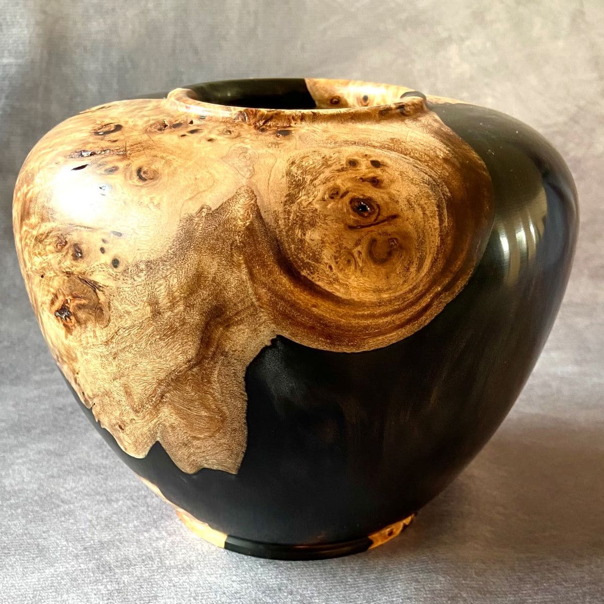 Handmade Mappa Burr and Black Resin hollow form side profile UK