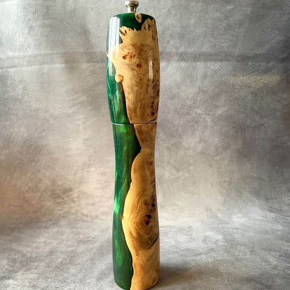 Handmade Mappa Burr and forest green resin pepper mill 300mm front view made in Yorkshire.