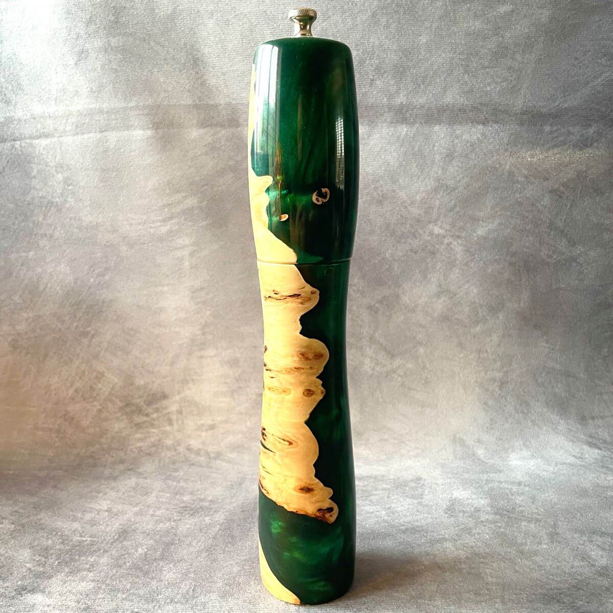 Handmade Mappa Burr and forest green resin pepper mill 300mm rear view made in Yorkshire.