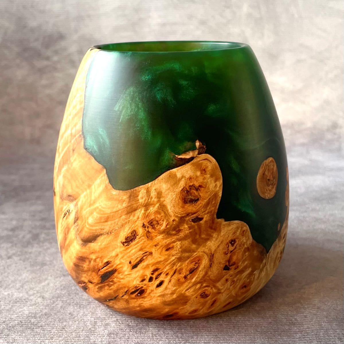 Handmade mappa burr and green resin sculptured wood 95mm front view made in the UK.