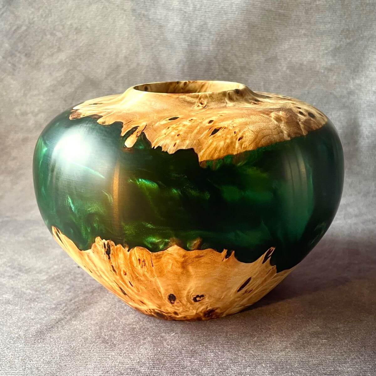 Handmade mappa burr and green resin sculptured wood 170mm rear view