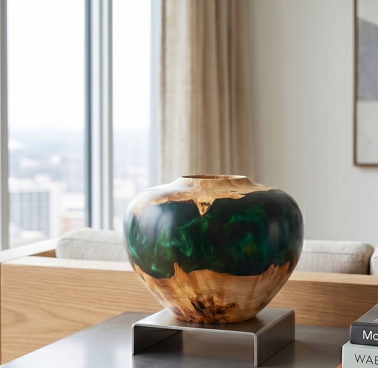 green and mappa burr hollow form vase unique wood sculpture art in modern apartment