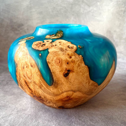 Handmade mappa burr and turquoise resin hollow form 160mm front view made in the UK