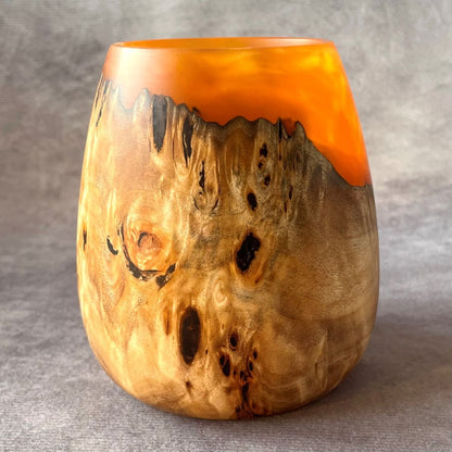 Handmade mappa burr and orange resin sculptured wood 90mm front view made in the UK