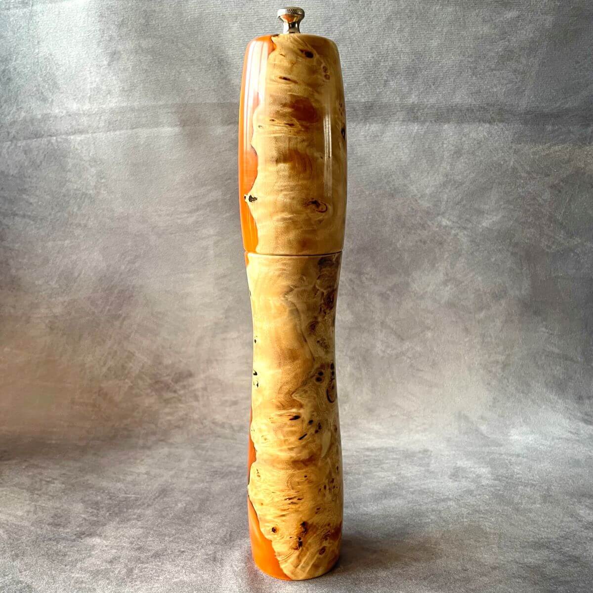 Handmade Mappa Burr and orange resin pepper mill 300mm rear view made in Yorkshire.