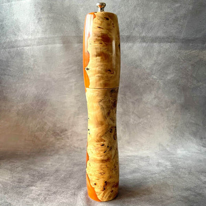 Handmade Mappa Burr and orange resin pepper mill 300mm rear view made in Yorkshire.