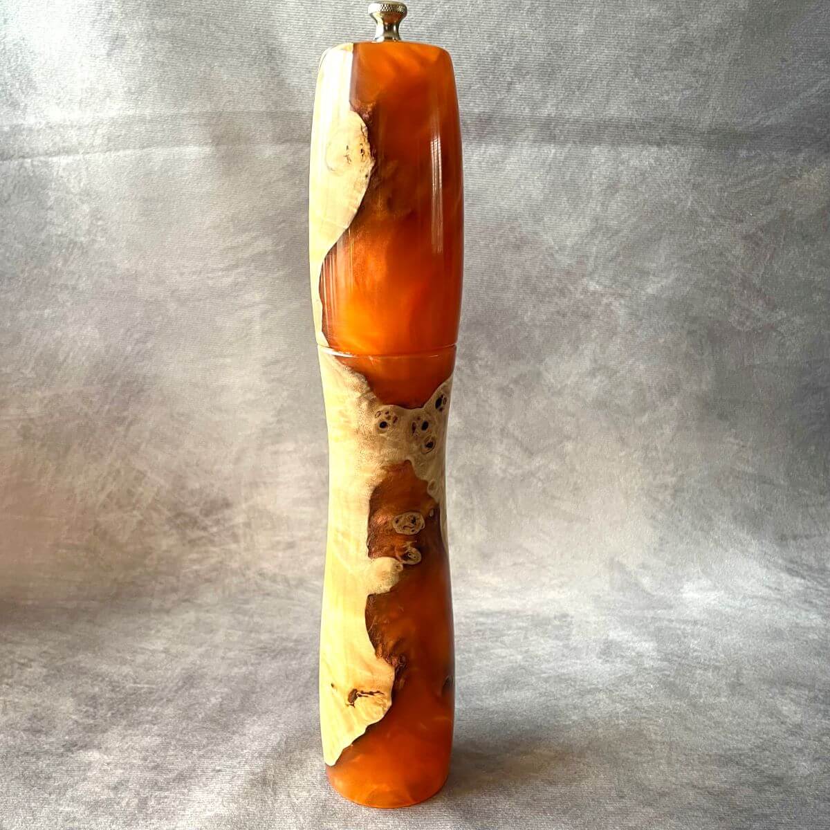 Handmade Mappa Burr and orange resin pepper mill 300mm front view made in Yorkshire.