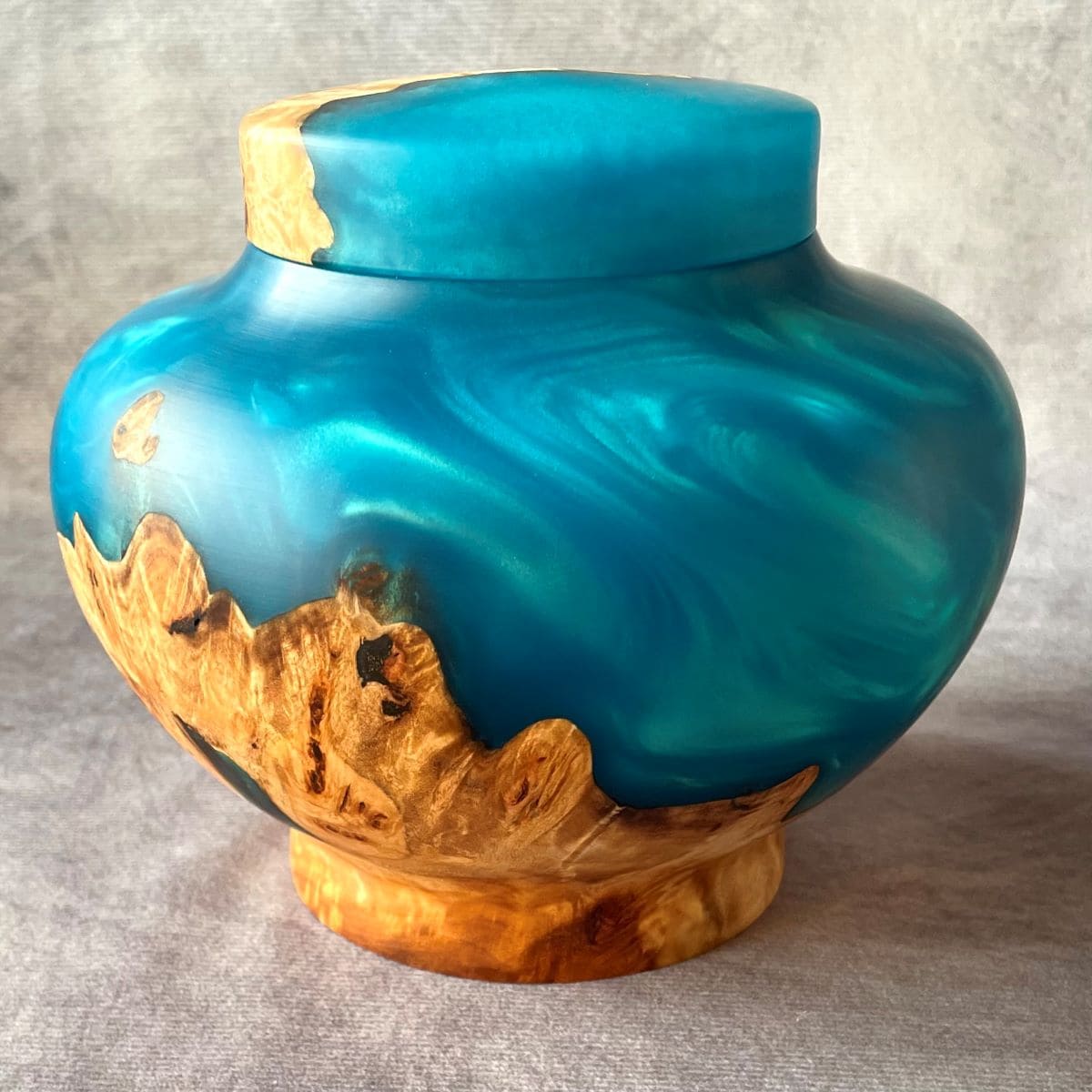 Handmade mappa burr and turquoise resin pet urn rear view