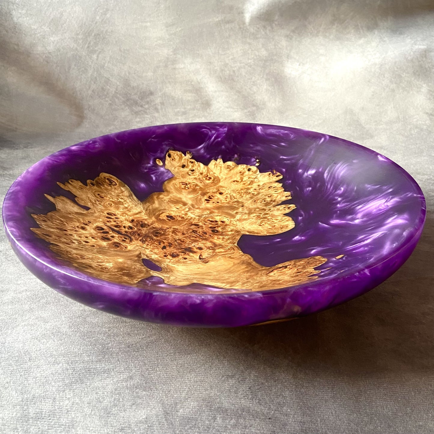Handmade large Mappa Burr and Purple resin bowl 295mm front view UK