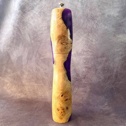 Handmade Mappa Burr and purple resin pepper mill 300mm front view made in Yorkshire.