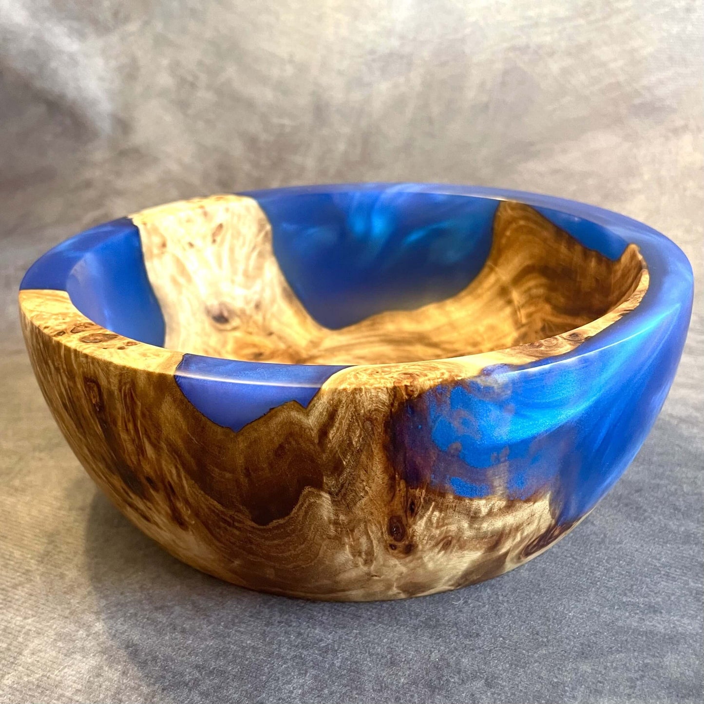 Handmade Mappa Burr and Cobalt Blue Resin Bowl 195mm front view handmade wooden gifts UK