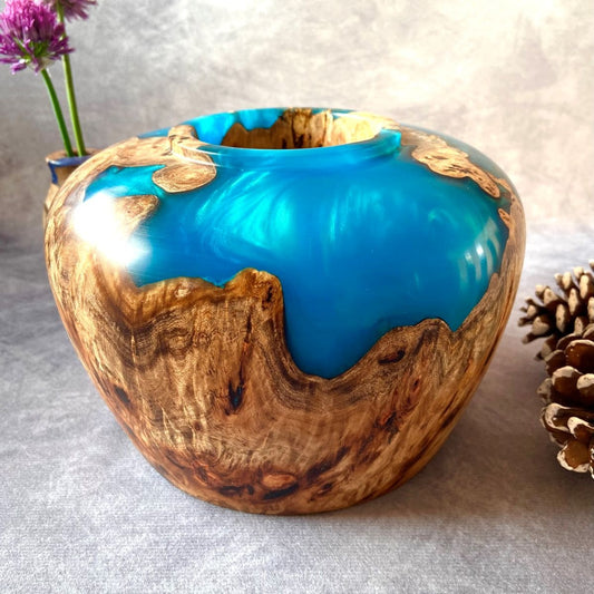 Handmade Mappa Burr and Turquoise resin hollow form side profile UK