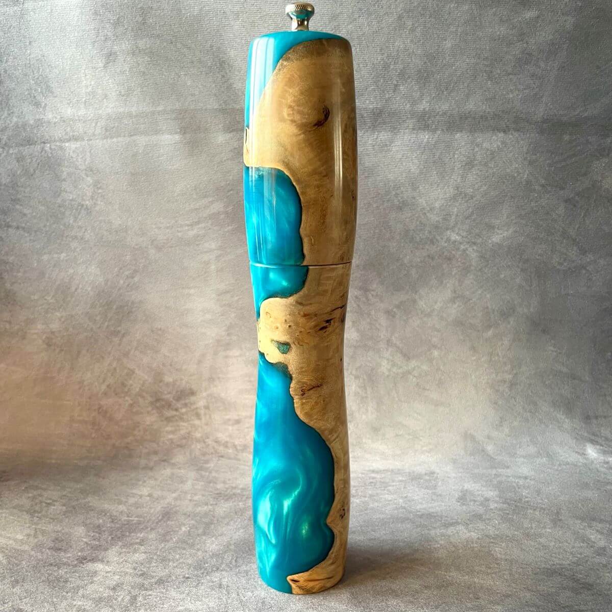 Handmade Mappa Burr and turquoise resin pepper mill 300mm front view made in Yorkshire.