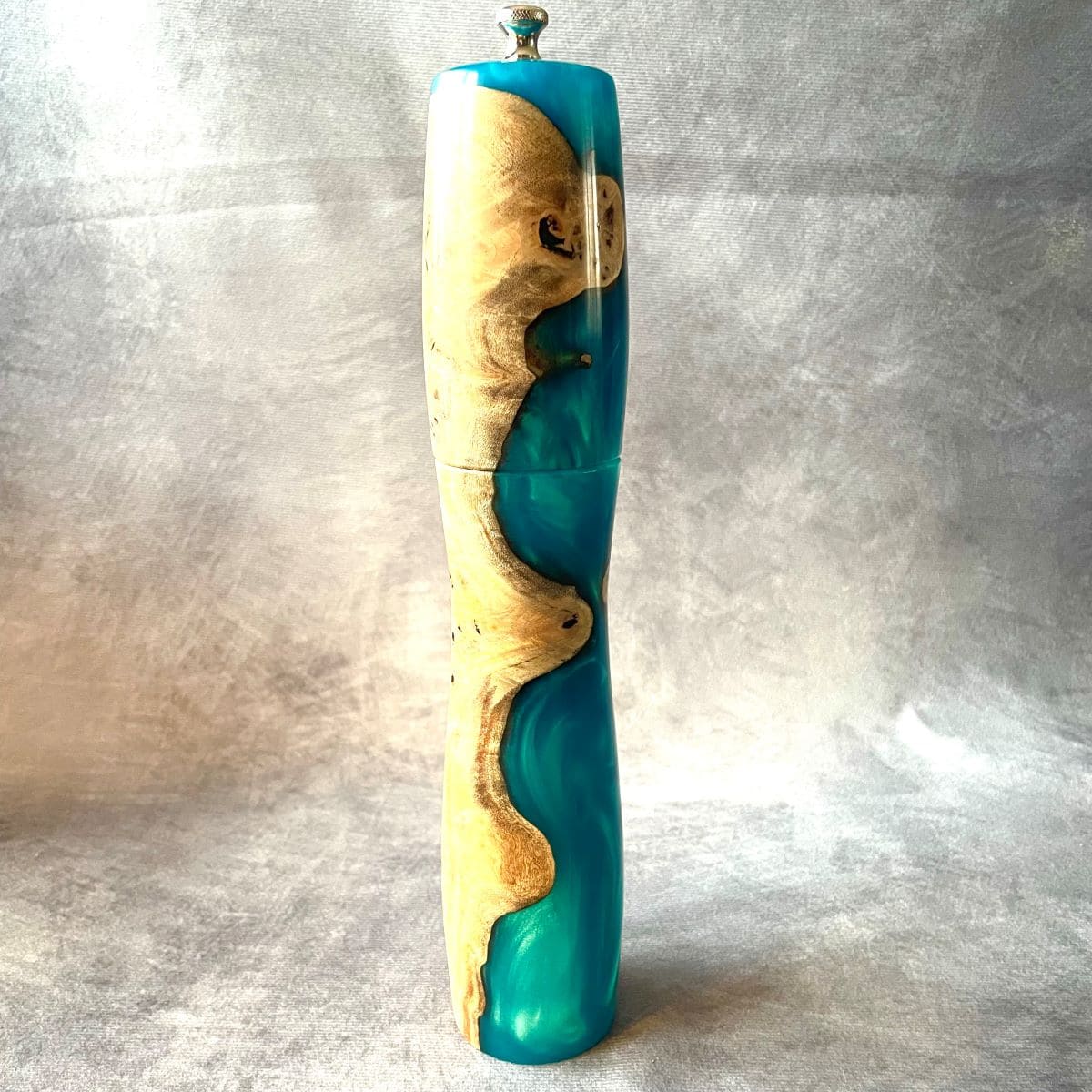 Handmade Mappa Burr and turquoise resin pepper mill 300mm rear view made in Yorkshire.