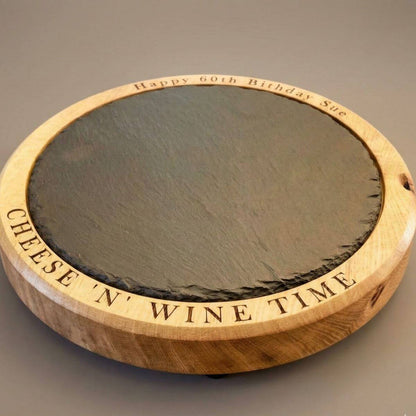 Close up of custom laser engraving on oak rim engraved in Baskerville font. High-quality personalised wooden gift