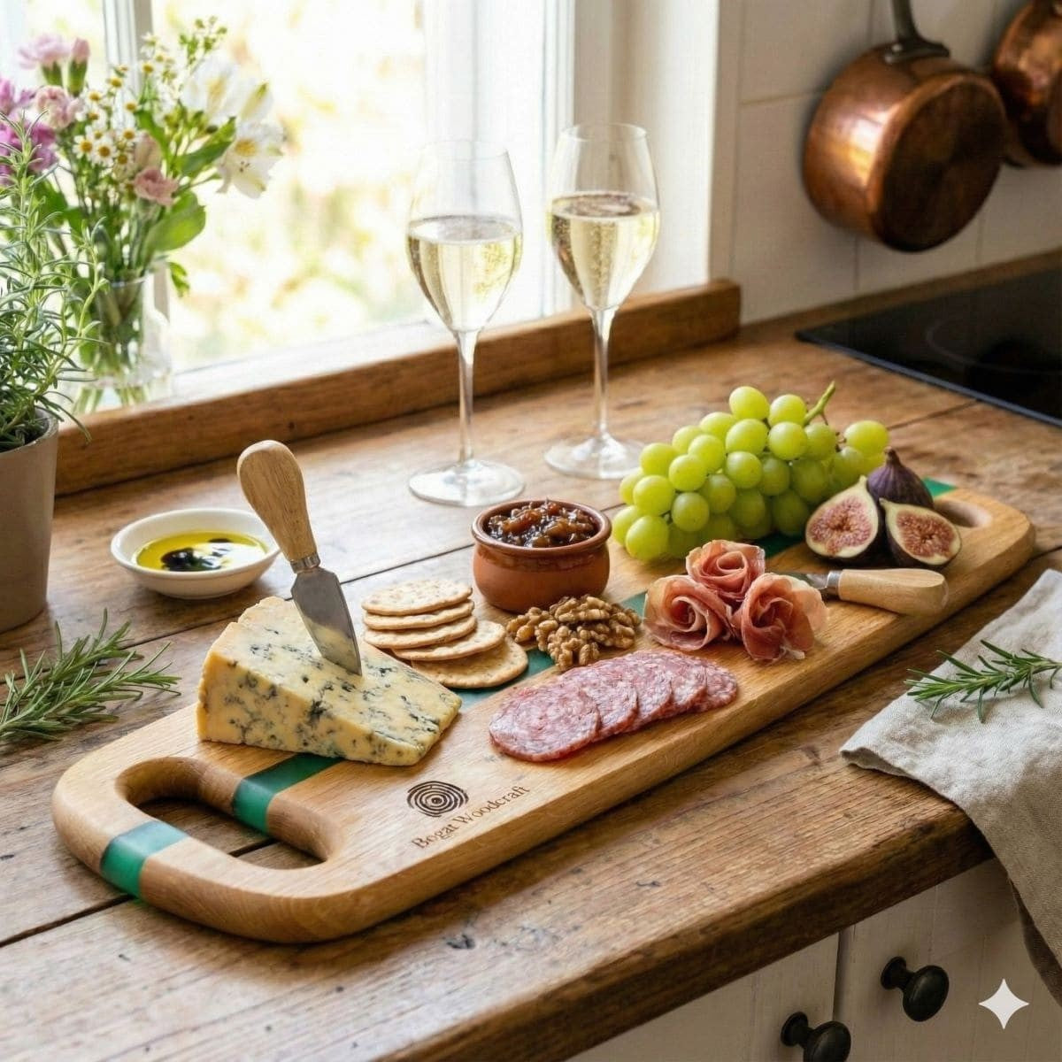 Handmade large oak and green resin river charcuterie serving board UK shown on kitchen worktop with meat, grapes and cheese