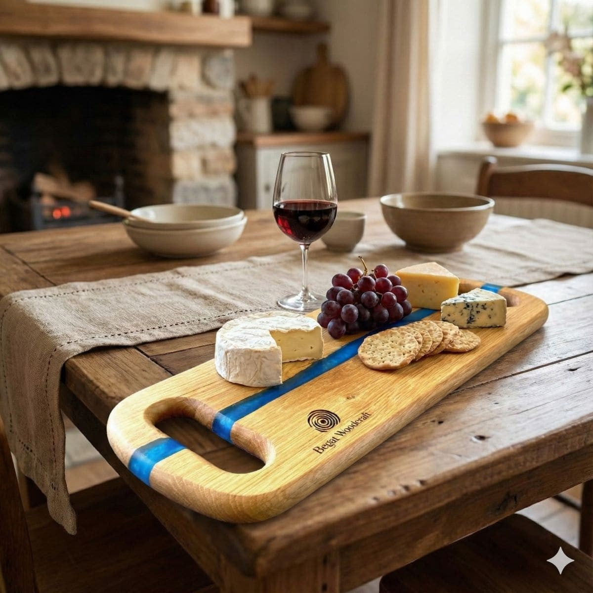 Handmade large oak and blue resin river charcuterie serving board UK shown on farmhouse table artisan gifts uk