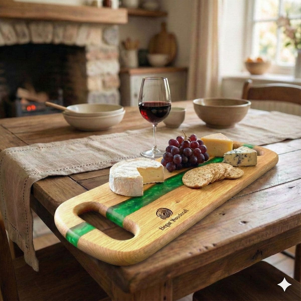 Handmade large oak and green resin river charcuterie serving board UK shown on farmhouse table artisan gifts uk